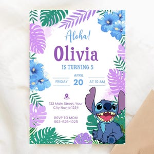 Modello di invito di compleanno Stitch modificabile, inviti per feste di compleanno stampabili, invito di compleanno Stitch