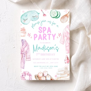 May include: A spa party invitation for Madison's 7th birthday on June 14th at 3:00 PM. The card features watercolor illustrations of a sleep mask, cucumber slices, a hairbrush, bathrobes, a cupcake, candles, and a pink scrunchie.