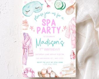 May include: A spa party invitation for Madison's 7th birthday on June 14th at 3:00 PM. The card features watercolor illustrations of a sleep mask, cucumber slices, a hairbrush, bathrobes, a cupcake, candles, and a pink scrunchie.