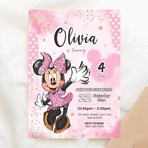 Convite de aniversário editável da Minnie inspirado em convites digitais para qualquer idade 5x7 mouse rosa preto bolinhas crianças meninas festa da Minnie convite da Minnie