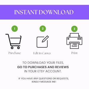 Puede incluir: Infograf&iacute;a con encabezado morado que dice "DESCARGA INSTANT&Aacute;NEA". Muestra un carrito de compras, un l&aacute;piz y una impresora, con las palabras "Comprar", "Editar en Canva" e "Imprimir". El texto explica c&oacute;mo descargar los archivos.