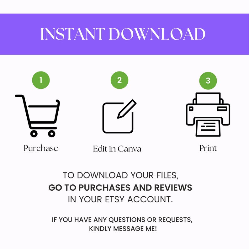 Puede incluir: Infograf&iacute;a con encabezado morado que dice "DESCARGA INSTANT&Aacute;NEA". Muestra un carrito de compras, un l&aacute;piz y una impresora, con las palabras "Comprar", "Editar en Canva" e "Imprimir". El texto explica c&oacute;mo descargar los archivos.