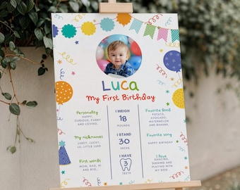 Könnte beinhalten: Ein weißes Geburtstagsschild mit einem kreisförmigen Foto eines Kindes, bunten Luftballon- und Wimpelillustrationen sowie Text wie Luca, My First Birthday, 8,16 kg, 76,2 cm und 3 Zähne, präsentiert auf einer hölzernen Staffelei.