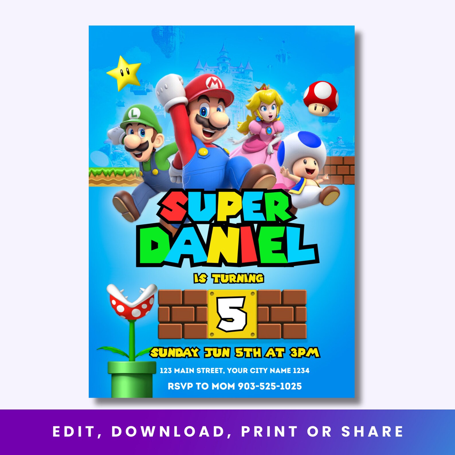 Mario Bros Invitation, Super Mario Birthday Invitation, Super Mario