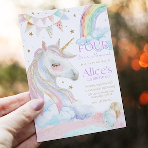 Faire-part 4e anniversaire de licorne magique, modèle pastel arc-en-ciel, invitation à une fête magique, téléchargement immédiat, anniversaire de fille