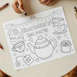May include: A black and white coloring page with the text "Charlotte's tea party". The page features illustrations of a teapot, teacups, cake, a jar of jam, and a tea bag, all outlined in black.
