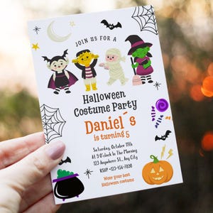 Invitación editable para fiesta de disfraces de Halloween, cumpleaños, fiesta de Halloween, linda invitación para niños.