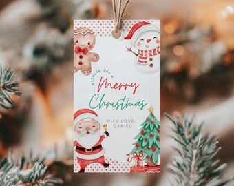 May include: A rectangular Christmas gift tag with a string. The tag features a gingerbread man, snowman, Santa Claus, and Christmas tree illustrations. The text reads "Wishing you a Merry Christmas" and "With love, Daniel."