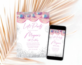 Disco Party Invitation Personalized Printable Digital File Pink Party Invite Disco Ball Birthday Invitation ANY AGE Disco Party, E02