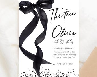 Coquette 13th Birthday Invitation: Black Bow, Trendy Girl (Digital Download) A10