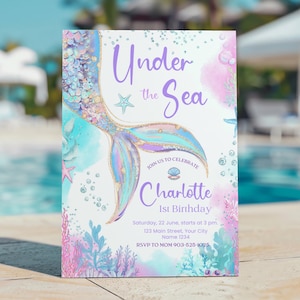 Mermaid Tail Birthday Invitation, Under the Sea Birthday Invitation Girl, Editable Birthday Template, Purple Teal Mermaid Birthday