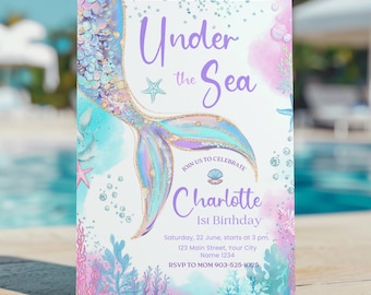 Mermaid Tail Birthday Invitation, Under the Sea Birthday Invitation Girl, Editable Birthday Template, Purple Teal Mermaid Birthday A19