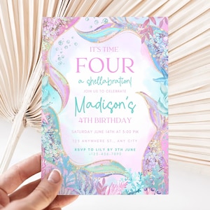 Editable Four Birthday Invitations Mermaid Tail Fourth Girls Summer 4th Birthday Shellabration Invite Pastel Purple Theme Digital Canva A59