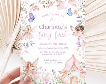Editable Fairy First Birthday Invitation Girl, Boho Arch Fairy 1st Birthday Invite, Enchanted Garden Fairy Invitation, Birthday Girl A15