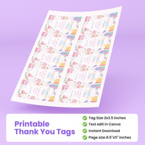 May include: Printable thank you tags with a colourful cupcake design. The tags are 5.08cm x 8.89cm and feature the words "Thank You". The image also includes the text "Printable Thank You Tags" and product details.