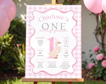 One Silly Goose 1st Birthday Milestone Sign: Pink Gingham, Girl's First Birthday (Digital Download), F04
