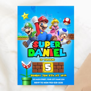 Editable Mario Bros Invitation Super Mario Birthday Invitation Super Brothers boy Invite Video Game, Editable Canva