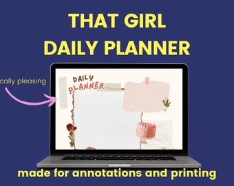 Könnte beinhalten: Ein Laptop-Bildschirm zeigt einen digitalen Tagesplaner mit einem rosa, weißen und braunen Farbschema. Der Planer hat einen Titel, der "Daily Planner" lautet und mit Illustrationen einer Rose, eines Kuchens und eines Kaktus verziert ist. Der Text "ästhetisch ansprechend" ist in Rosa auf der linken Seite des Bildschirms geschrieben, mit einem Pfeil, der auf den Planer zeigt. Der Text "geeignet für Anmerkungen und zum Drucken" ist unter dem Laptop geschrieben.