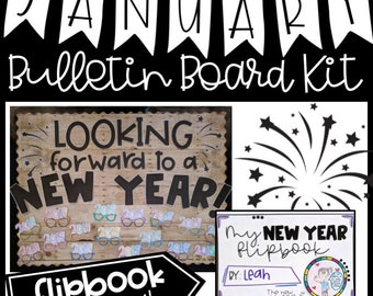 2024 January New Year Bulletin Board Kit and Flipbook Free update every year Goals Resolutions Reflection Door Decor Activities Free Updates