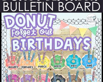 Birthday Bulletin Board Decorations Printable Happy Birthday Banner Classroom Decor Watercolor Donuts Rainbow Candles Editable Displays