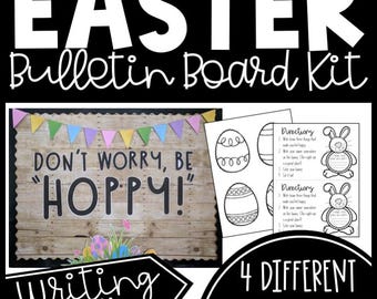 April Bulletin Board with Easter Eggs and Easter Bunny Writing Activity - Our Class is Egg-Cellent - Happy Easter Watercolor Easter Eggs