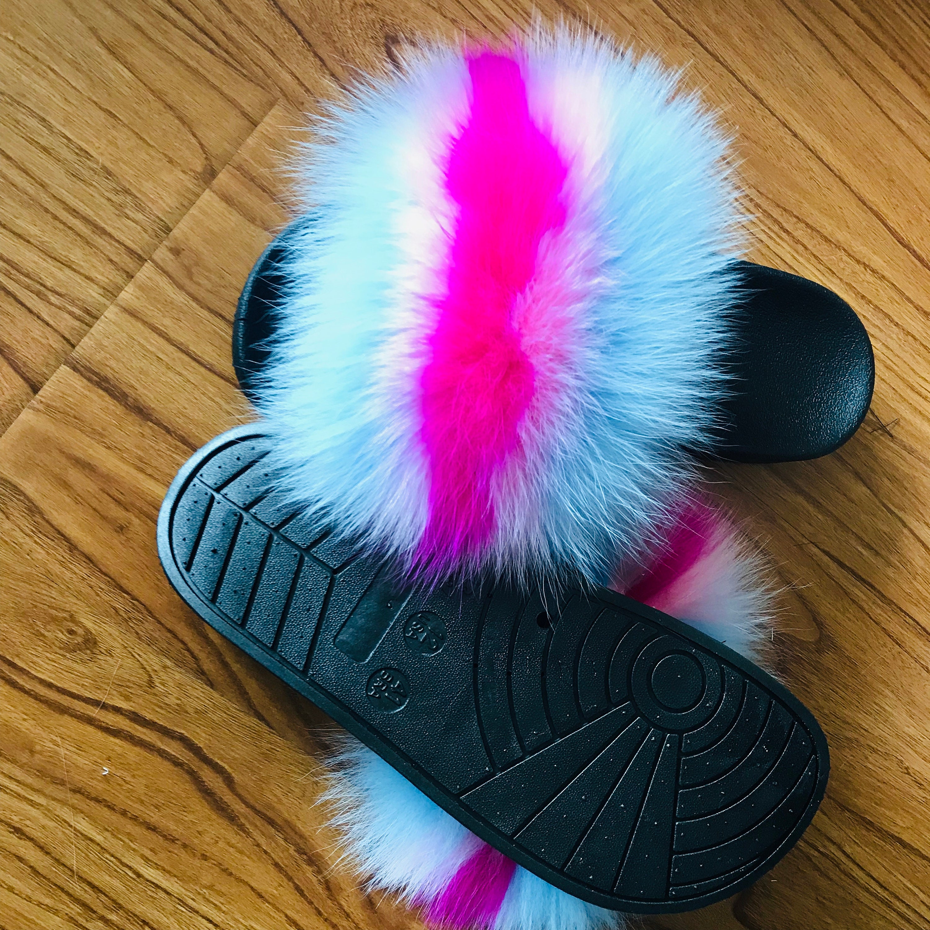 Pink Fox Fur Slides Fluffy Slides Rubber Fur Sandals Real 