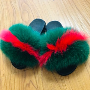 Black Fox Fur Slides With Red Stripe, Fur Slippers, Fluffy Slides