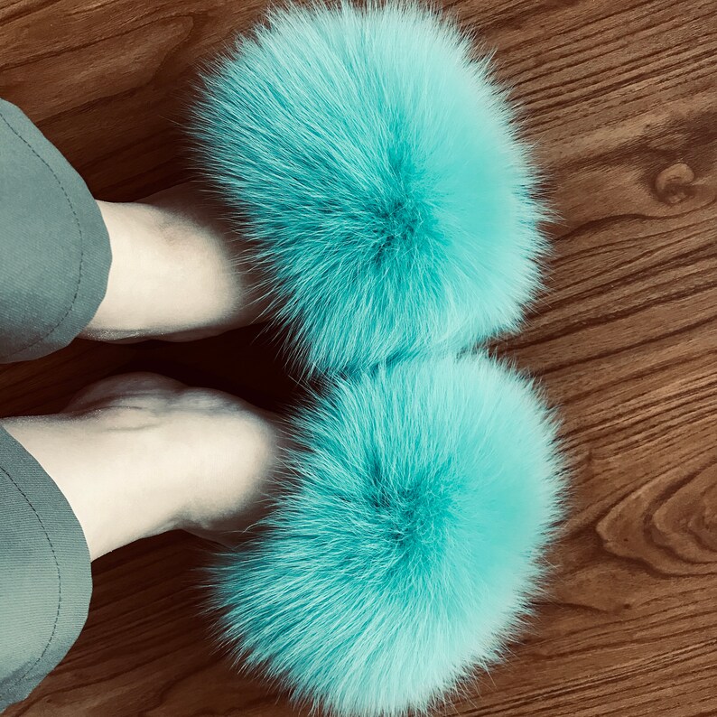 Turquoise Fur Slides Etsy