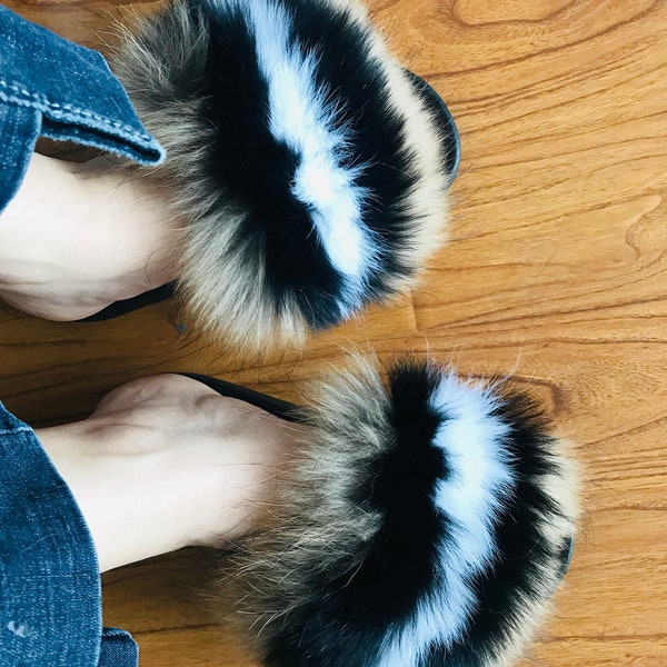 Black Furry Slides - Etsy