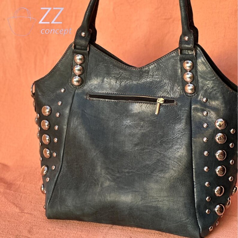 Handmade Polka Dot Leather Shoulder Bag, Rivet Studded Tote Bag for ...