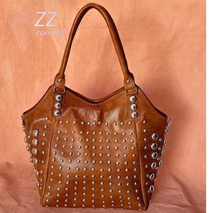 Handmade Polka Dot Leather Shoulder Bag, Rivet Studded Tote Bag for Women, Unique Fashionable Handbag with Rivet