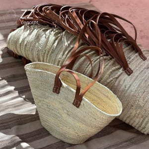 Handgefertigt Strohtasche Flach Leder Henkel Doppelt - Französischer Korb mit Abnehmbarer Innentasche, Strandtasche - französische Körbe Naturkorb