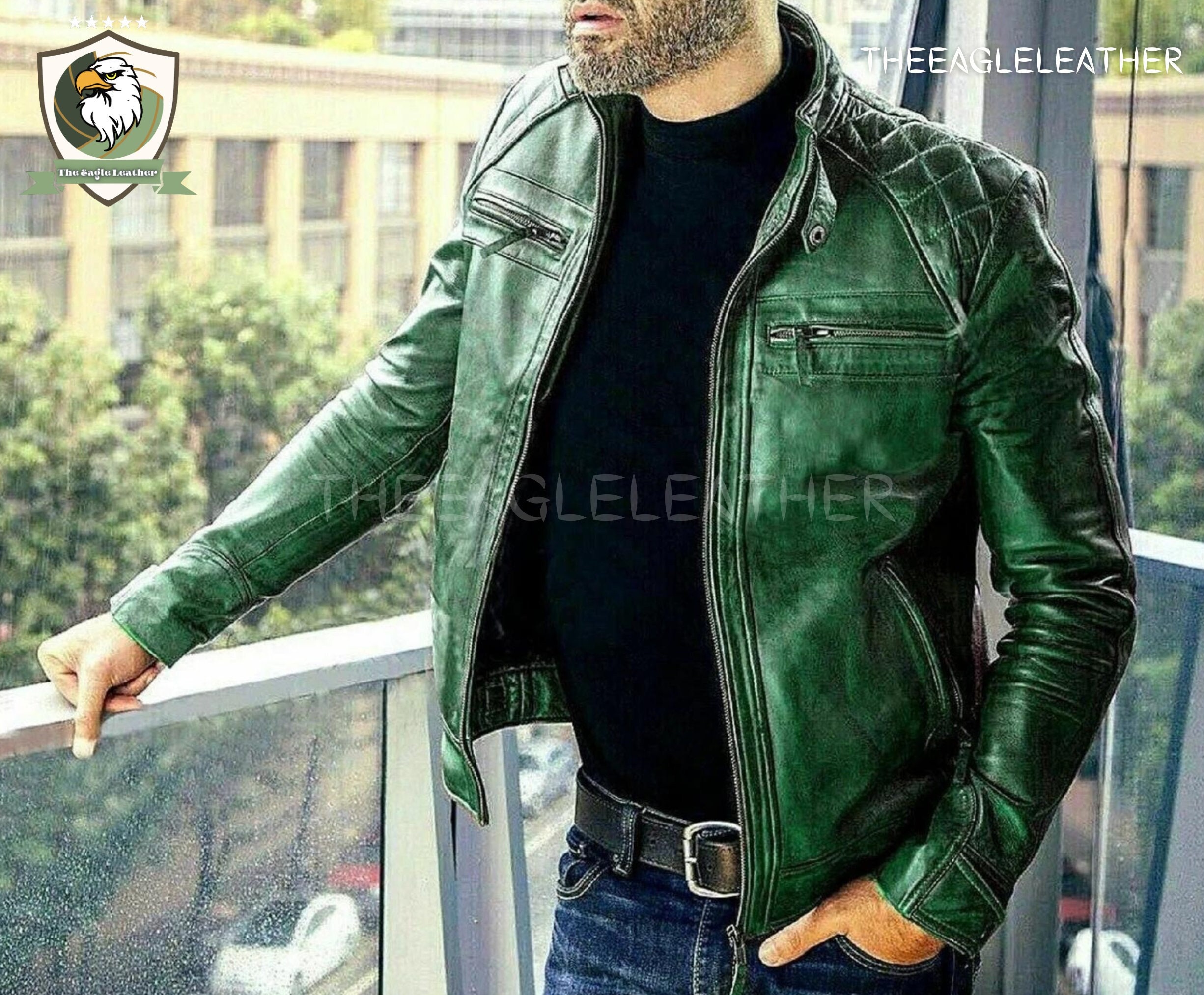 Men's Leather Jacket Men's Green Leather Jacket With Etsy
