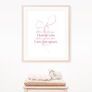 May include: A framed print with a pink ribbon design and the text "Before I formed you I knew you. Before you were born I set you apart. Jeremiah 1:5"