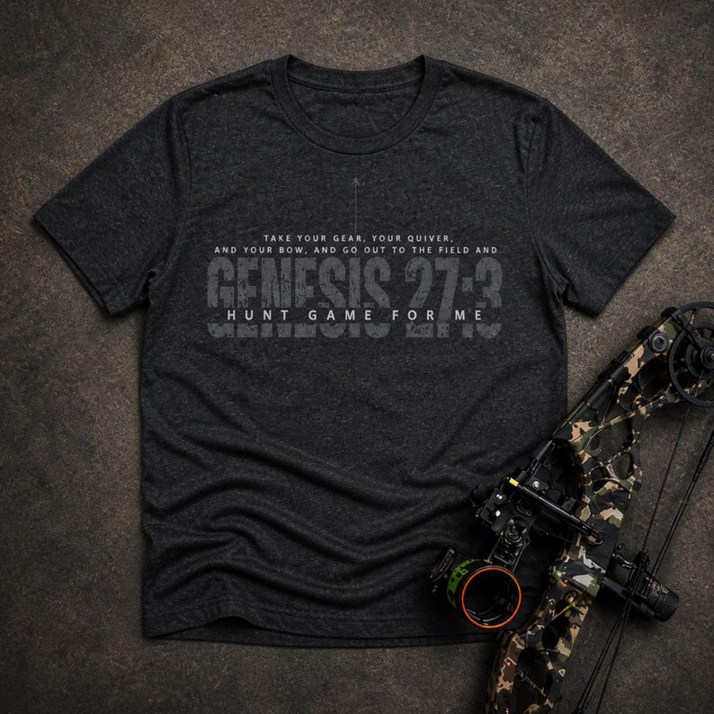 May include: Dark gray t-shirt with the text "TAKE YOUR GEAR, YOUR QUIVER, AND YOUR BOW, AND GO OUT TO THE FIELD AND GENESIS 27:3 HUNT GAME FOR ME." A camouflage bow is positioned to the right of the shirt.