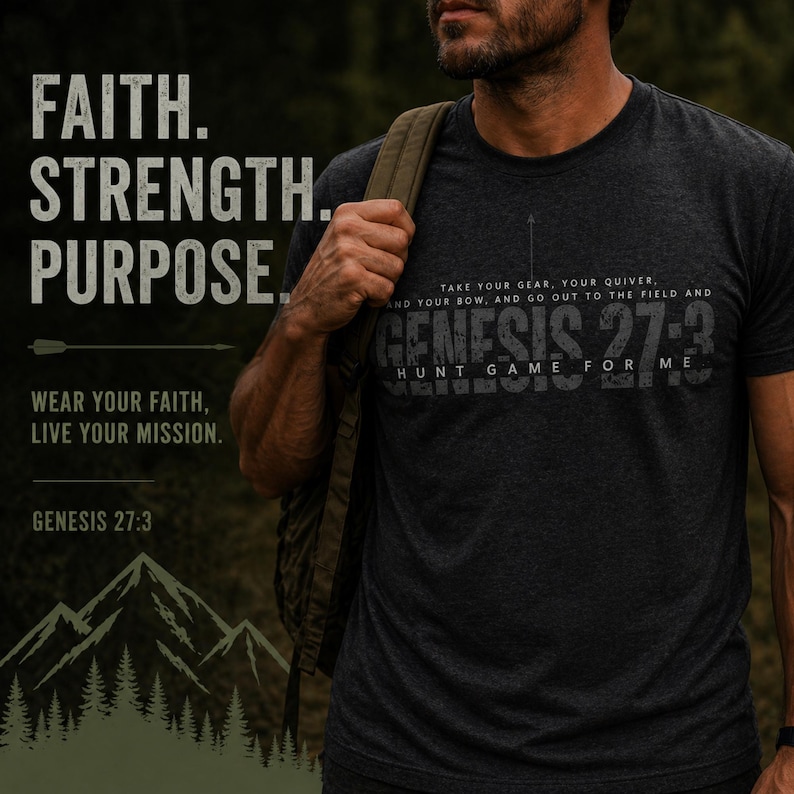 May include: Dark gray t-shirt with the text "FAITH. STRENGTH. PURPOSE." and "WEAR YOUR FAITH, LIVE YOUR MISSION." The shirt also features the text "GENESIS 27:3" and a quote from Genesis 27:3. A mountain and forest graphic is also present.