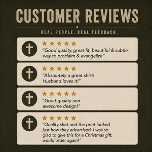 May include: A dark green background features customer reviews. The text "CUSTOMER REVIEWS" is at the top. Four reviews are displayed, each with a cross icon and star ratings. The reviews highlight quality, fit, and design.