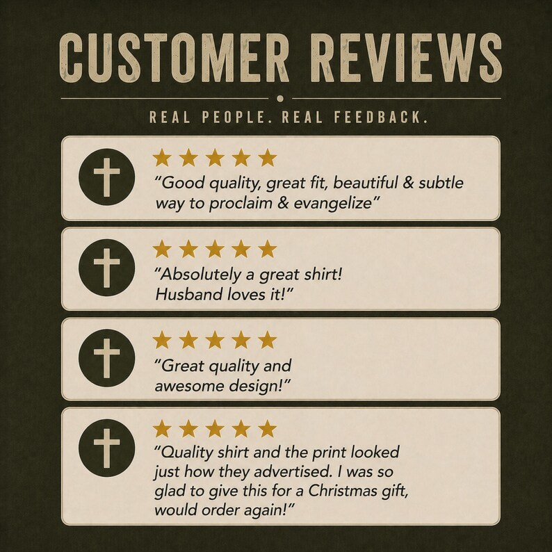 May include: A dark green background features customer reviews. The text "CUSTOMER REVIEWS" is at the top. Four reviews are displayed, each with a cross icon and star ratings. The reviews highlight quality, fit, and design.