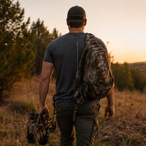 May include: A person wearing a dark gray t-shirt with an arrow graphic on the back, a camouflage backpack, and olive green cargo pants. The person is holding a bow and arrow. The background features a sunset and trees.