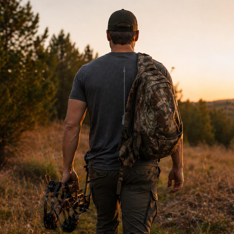 May include: A person wearing a dark gray t-shirt with an arrow graphic on the back, a camouflage backpack, and olive green cargo pants. The person is holding a bow and arrow. The background features a sunset and trees.