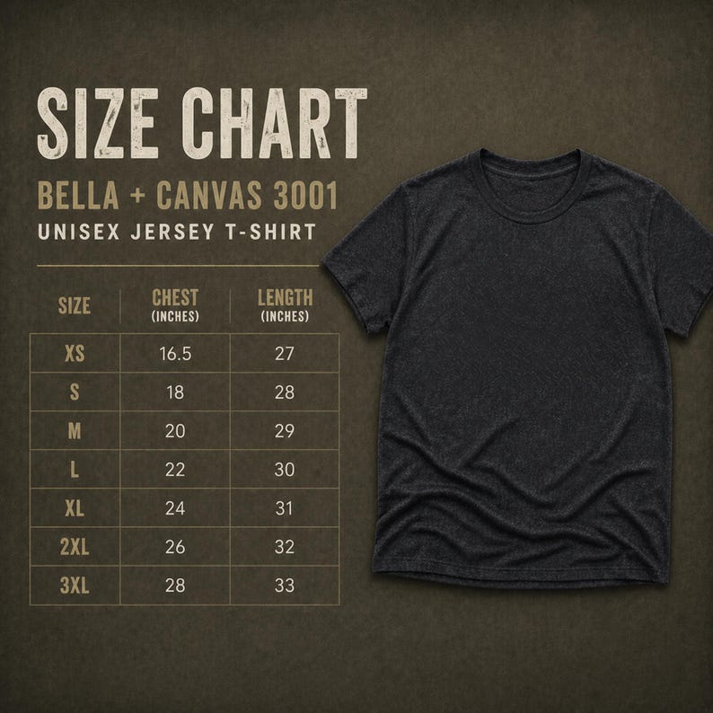 May include: A dark gray unisex jersey t-shirt next to a size chart. The size chart includes chest and length measurements in inches for sizes XS to 3XL. The t-shirt is made by Bella + Canvas, style 3001.