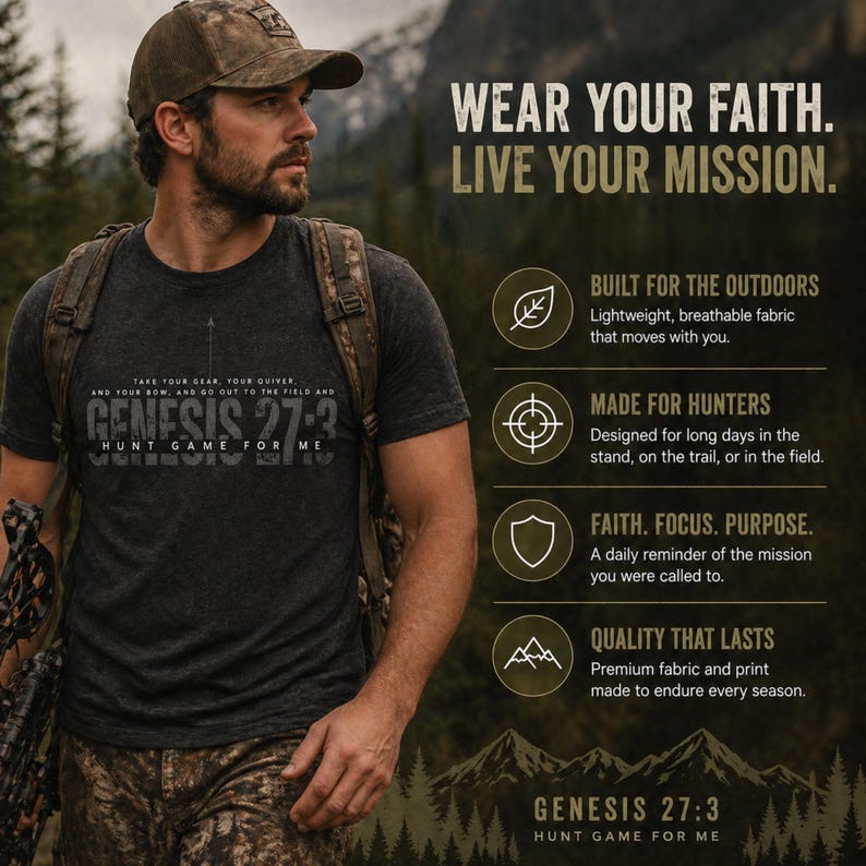 May include: A dark gray t-shirt with the text "GENESIS 27:3 HUNT GAME FOR ME" is worn by a person wearing a camouflage cap and backpack. The image includes text that says "WEAR YOUR FAITH. LIVE YOUR MISSION."