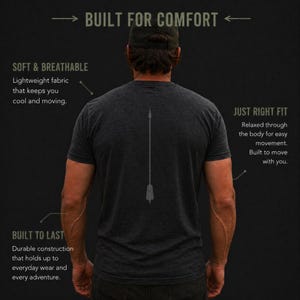 May include: Dark gray t-shirt with a spear graphic on the back. The shirt is described as soft, breathable, and built to last. Text on the image says "Built for Comfort" and "Just Right Fit".