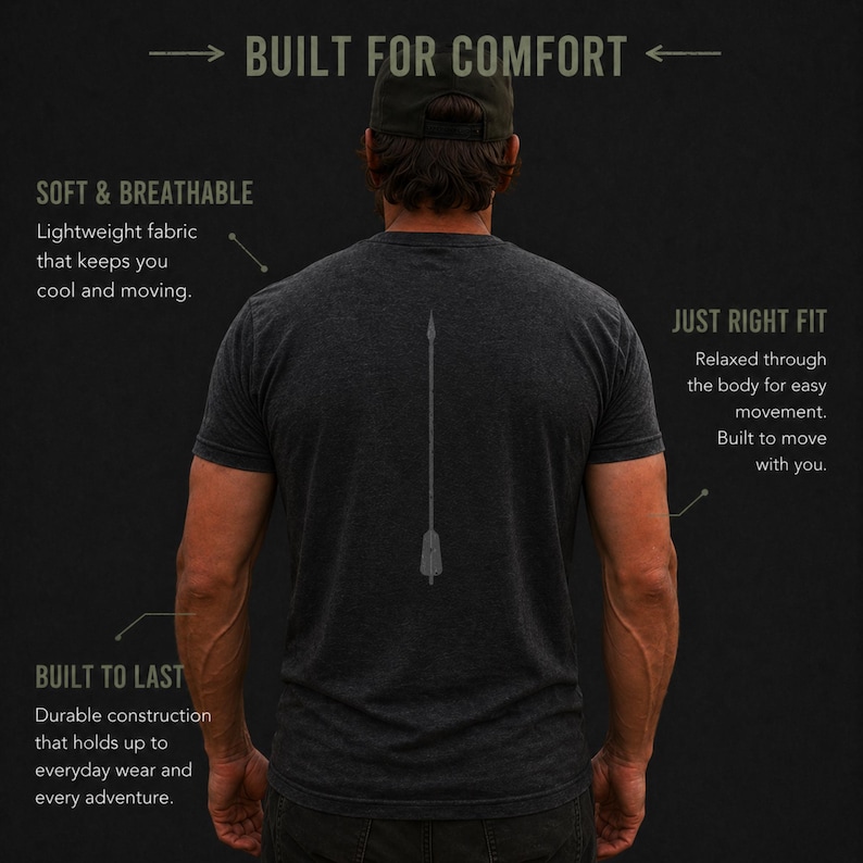 May include: Dark gray t-shirt with a spear graphic on the back. The shirt is described as soft, breathable, and built to last. Text on the image says "Built for Comfort" and "Just Right Fit".