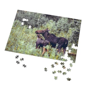Jigsaw Puzzle of Mama Moose and Calf at Alpine Lake, Wildlife Puzzle, Nature Puzzle, Wildlife Gift, Utah Moose puzzle