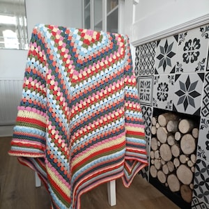 Square crochet blanket | Knitted blanket | Multicoloured Throw | Fits single bed| Handmade in UK | Spring blanket | Picnic blanket