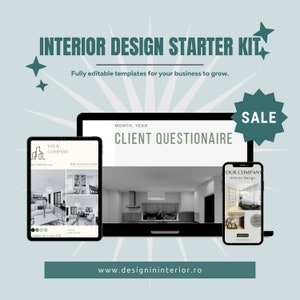 May include: A mockup of a laptop and phone displaying a website and a client questionnaire for an interior design business. The website is called "designininterior.ro" and the text on the laptop says "Client Questionnaire". The phone screen says "Interior Design" and has a 20% off sale.
