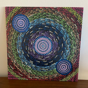 May include: A black canvas with a rainbow of colors in the background. The canvas features three concentric circles of dots in shades of blue, purple, and white.