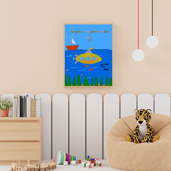 Submarine, Nursery Wall Art, Water Art, Sea Decor Theme, Baby Shower, Ocean Art, Fishes, Children's Art Decor