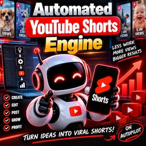 May include: A white robot with red accents holds a smartphone displaying the YouTube Shorts logo. The background features text reading Automated YouTube Shorts Engine, Less Work More Views Bigger Results, and Turn Ideas Into Viral Shorts On Autopilot.